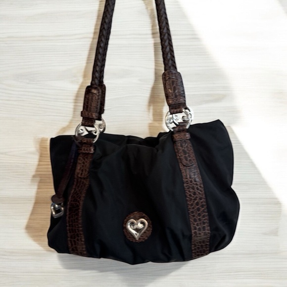 Brighton Handbags - Brighton -Trendy Black and Brown Nylon/Leather Shoulder Bag